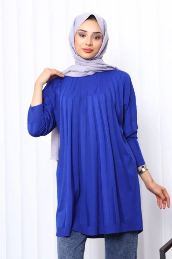 Saks Mavi Bisiklet Yaka Merserize Triko Tunik