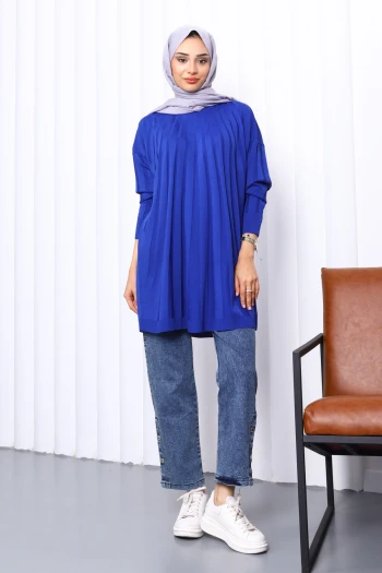 Saks Mavi Bisiklet Yaka Merserize Triko Tunik