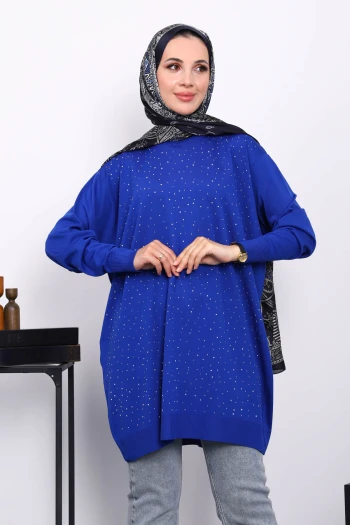 Saks Mavi Bisiklet Yaka Taş İşlemeli Tunik