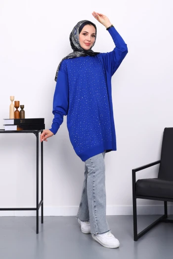 Saks Mavi Bisiklet Yaka Taş İşlemeli Tunik