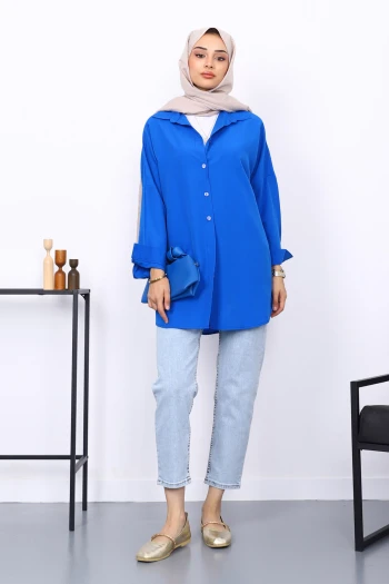 Saks Mavi Düz Terikoton Salaş Gömlek