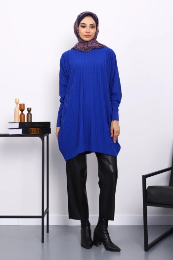 Saks Mavi Merserize Fitilli Salaş Tunik