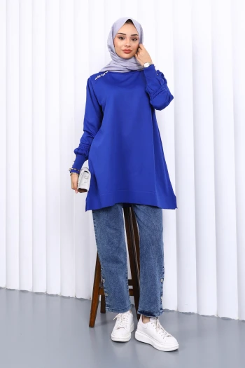 Saks Mavi Omuz Taşlı Soguk İplik Triko Tunik