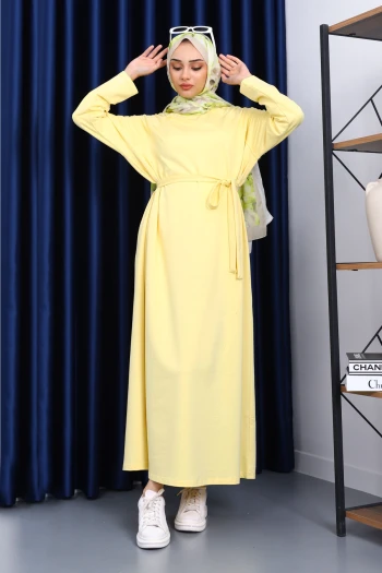 Sarı Bisiklet Yaka Bel Kuşaklı Elbise