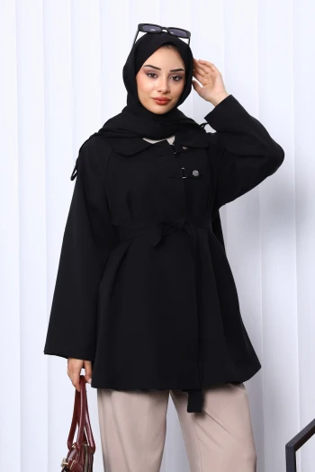 Siyah Apolet Detaylı Kuşaklı Trençkot