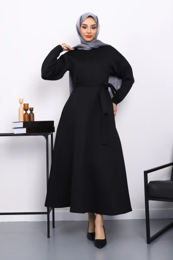 Siyah Bel Kuşaklı Scuba Elbise