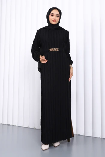 Siyah Beli Kemerli Fırfır Detaylı Gofre Elbise