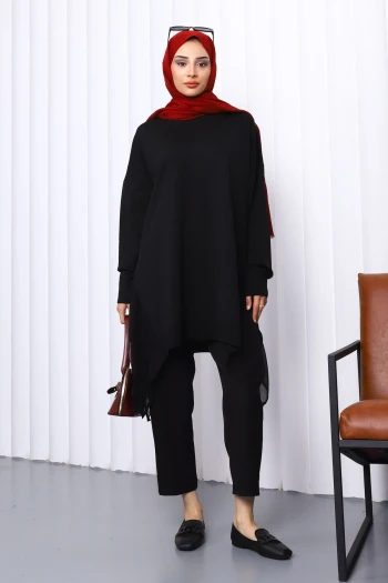 Siyah Bisiklet Yaka Tül Detaylı Tunik