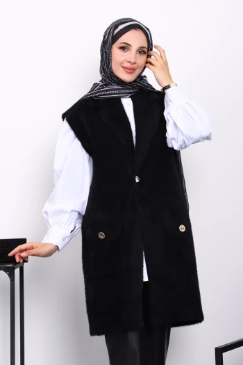 Siyah Cepli Uzun Angora Yumoş Yelek