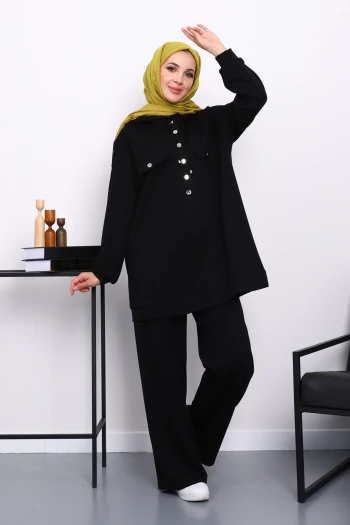 Siyah Çıtçıt Detaylı Tunik Pantolonlu Takım