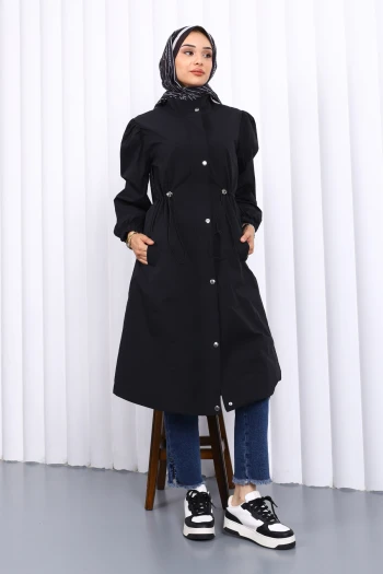 Siyah Çıtçıtlı Bel Lastikli Trençkot