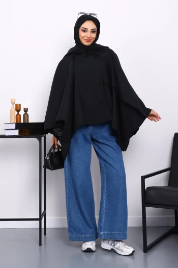 Siyah Düğmeli Astarlı Panço Trençkot