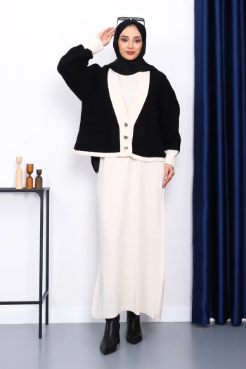 Siyah Düğmeli Triko Hırka Elbiseli İkili Kombin