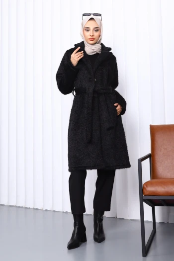 Siyah Düğmeli Uzun Cepli Kürk Kaban