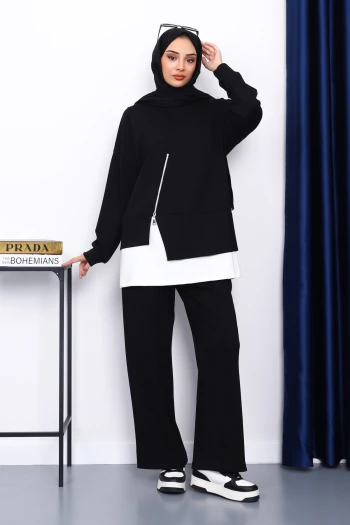 Siyah Fermuar Detaylı Modal Tunik Pantolonlu Takım