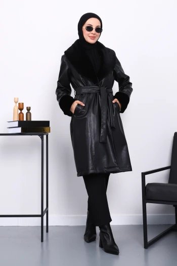Siyah Kol Yaka Kürklü Deri Kaban
