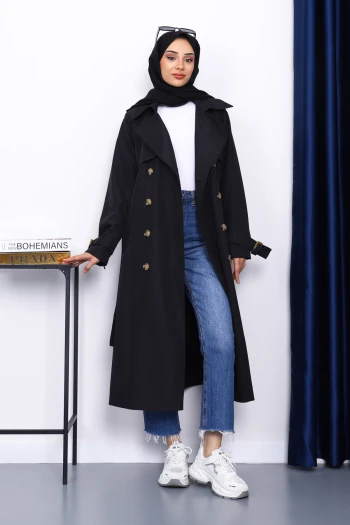 Siyah Kravuze Yaka Kuşaklı Trençkot