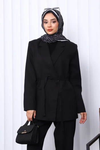 Siyah Kruvaze Yaka Düğmeli Blazer Ceket