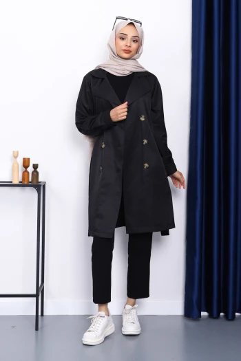 Siyah Kruvaze Yaka Trençkot