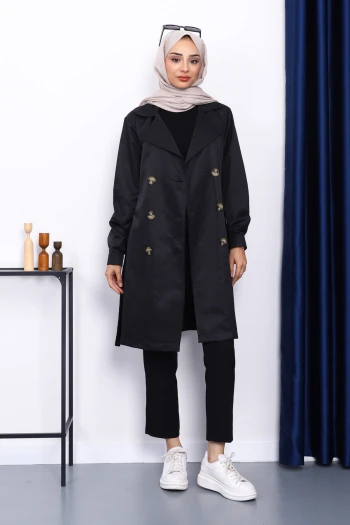 Siyah Kruvaze Yaka Trençkot