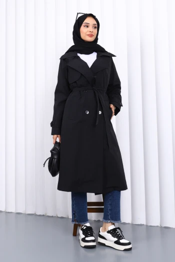 Siyah Kruvaze Yaka Trençkot