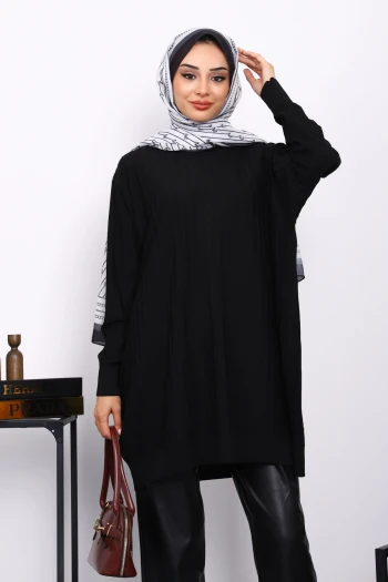 Siyah Merserize Fitilli Salaş Tunik