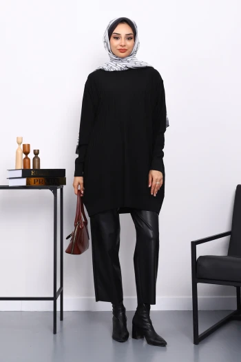 Siyah Merserize Fitilli Salaş Tunik