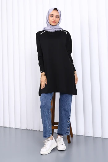 Siyah Omuz Taşlı Soguk İplik Triko Tunik