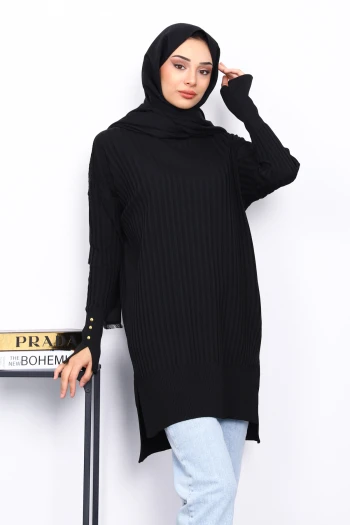 Siyah Önü Kısa Arkası Uzun Triko Tunik