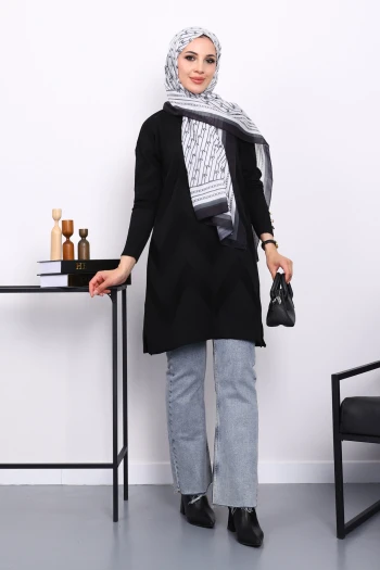 Siyah Soğuk İplik Bisiklet Yaka Triko Tunik