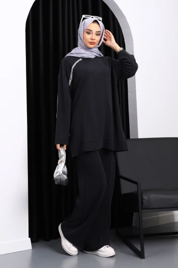 Siyah Taş Detaylı Tunik Pantolonlu Modal Takım