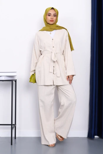 Taş Bel Kuşaklı Keten Kimono Pantolonlu Takım