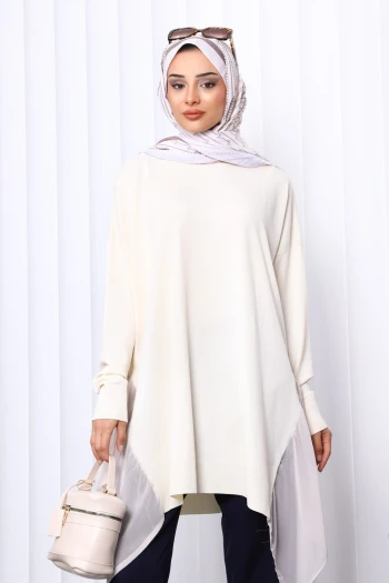 Taş Bisiklet Yaka Tül Detaylı Merserize Triko Tunik