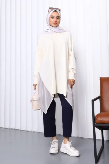 Taş Bisiklet Yaka Tül Detaylı Merserize Triko Tunik