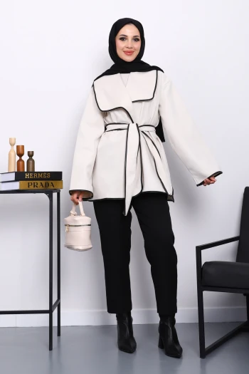 Taş Deri Biyeli Şal Yaka Kaşe Kaban