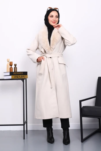 Taş Yaka Kürklü Kuşaklı Kaşe Kaban