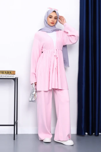 Toz Pembe Bel Kuşaklı Hırka Pantolonlu Takım