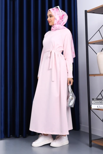 Toz Pembe Bisiklet Yaka Bel Kuşaklı Elbise