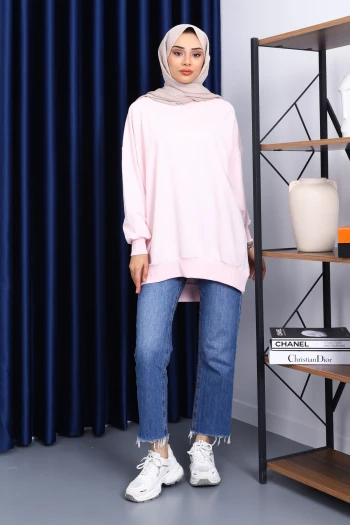 Toz Pembe Önü Kısa Arkası Uzun Oversize Sweatshirt