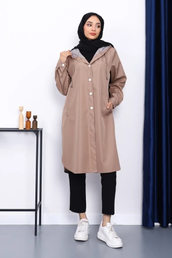 Vizon Kapşonlu Düğme Detaylı Trençkot