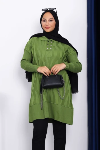 Yağ Yeşili Gömlek Yaka Soğık İplik Triko Tunik