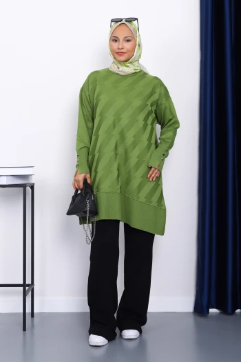 Yağ Yeşili Kol Düğmeli Soğuk İplik Triko Tunik