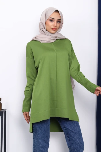 Yağ Yeşili Kol Fermuarlı Soğuk İplik Triko Tunik