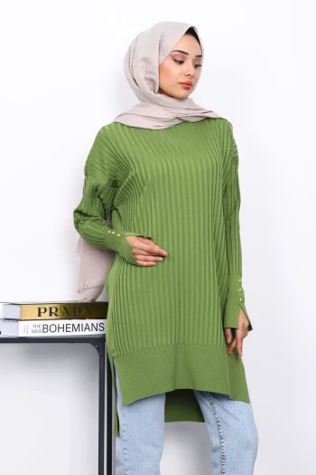 Yağ Yeşili Önü Kısa Arkası Uzun Triko Tunik