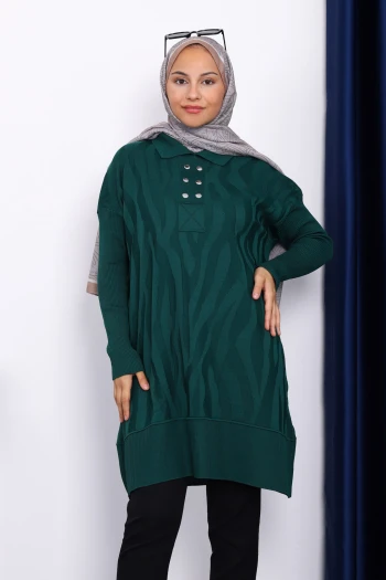 Zümrüt Yeşili Gömlek Yaka Soğık İplik Triko Tunik