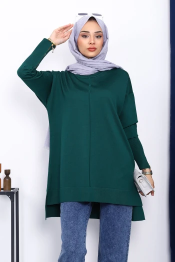 Zümrüt Yeşili Kol Fermuarlı Soğuk İplik Triko Tunik