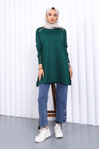 Zümrüt Yeşili Omuz Taşlı Soguk İplik Triko Tunik