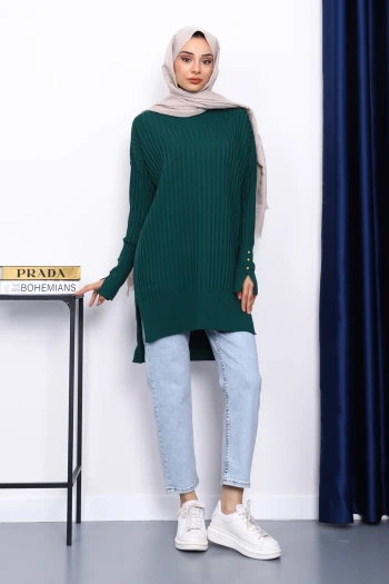 Zümrüt Yeşili Önü Kısa Arkası Uzun Triko Tunik
