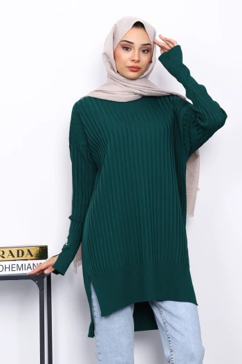 Zümrüt Yeşili Önü Kısa Arkası Uzun Triko Tunik