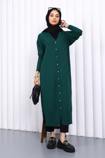 Zümrüt Yeşili Soğuk İplik Düğmeli Triko Hırka